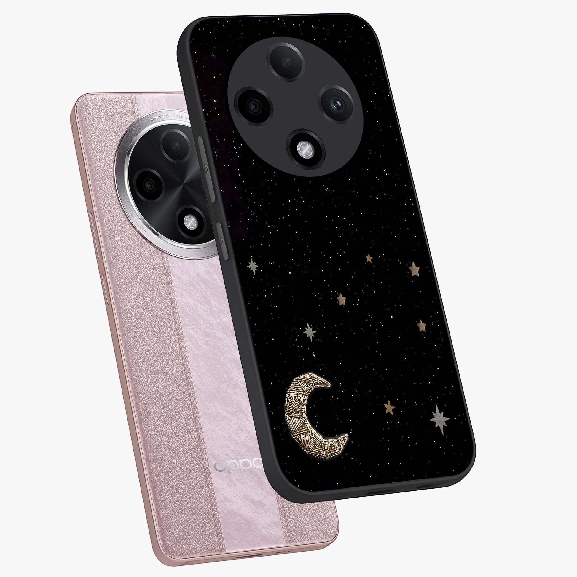 Twinkle Star With Half Moon Glass Case displayed in angled mockup highlighting celestial moon and star design with magical aesthetic.