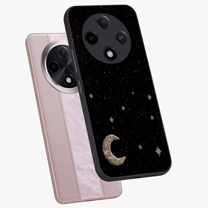 Twinkle Star With Half Moon Glass Case displayed in angled mockup highlighting celestial moon and star design with magical aesthetic.