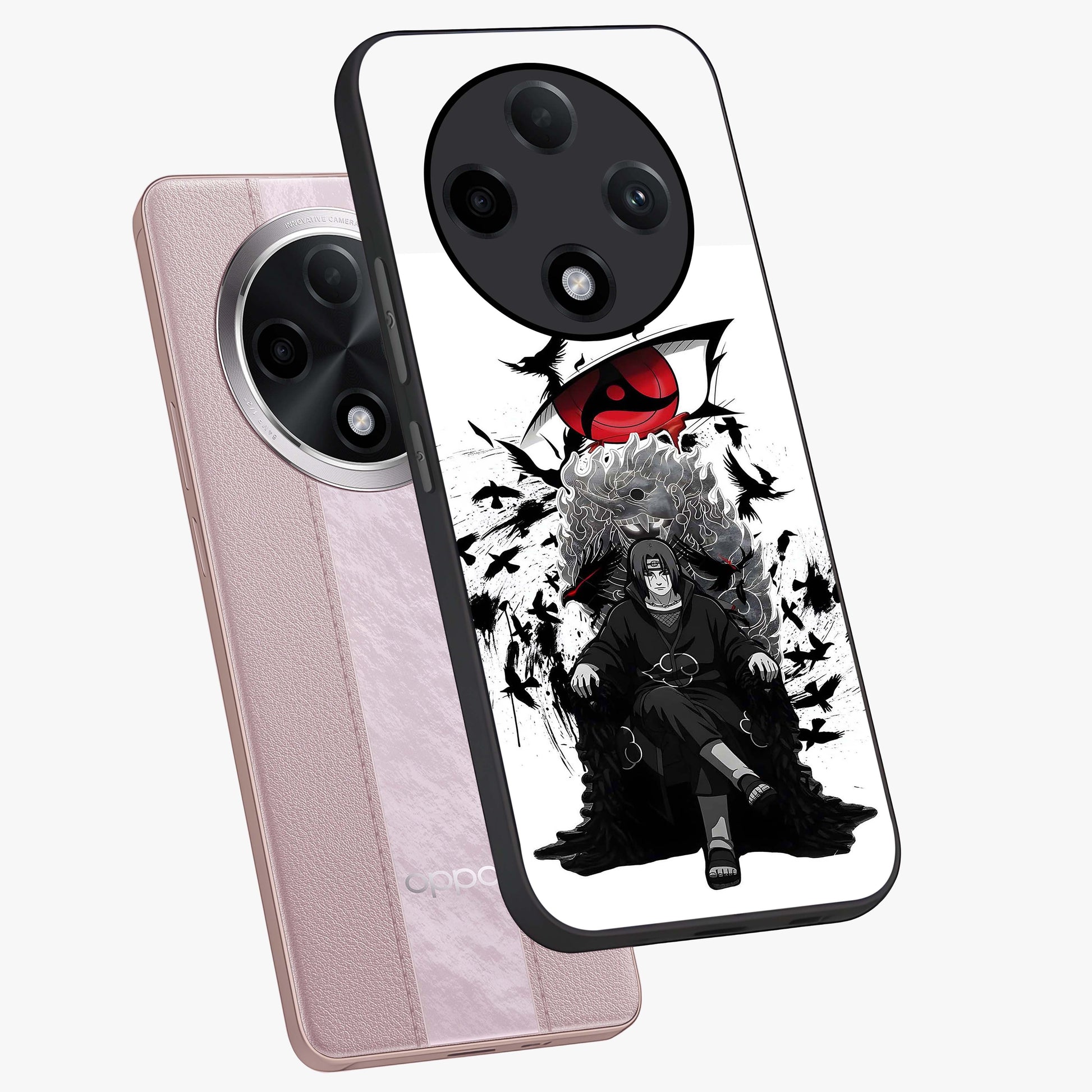 Uchiha Shadow Throne Glass Case displayed in angled mockup highlighting glowing aquatic design with celestial aesthetic.