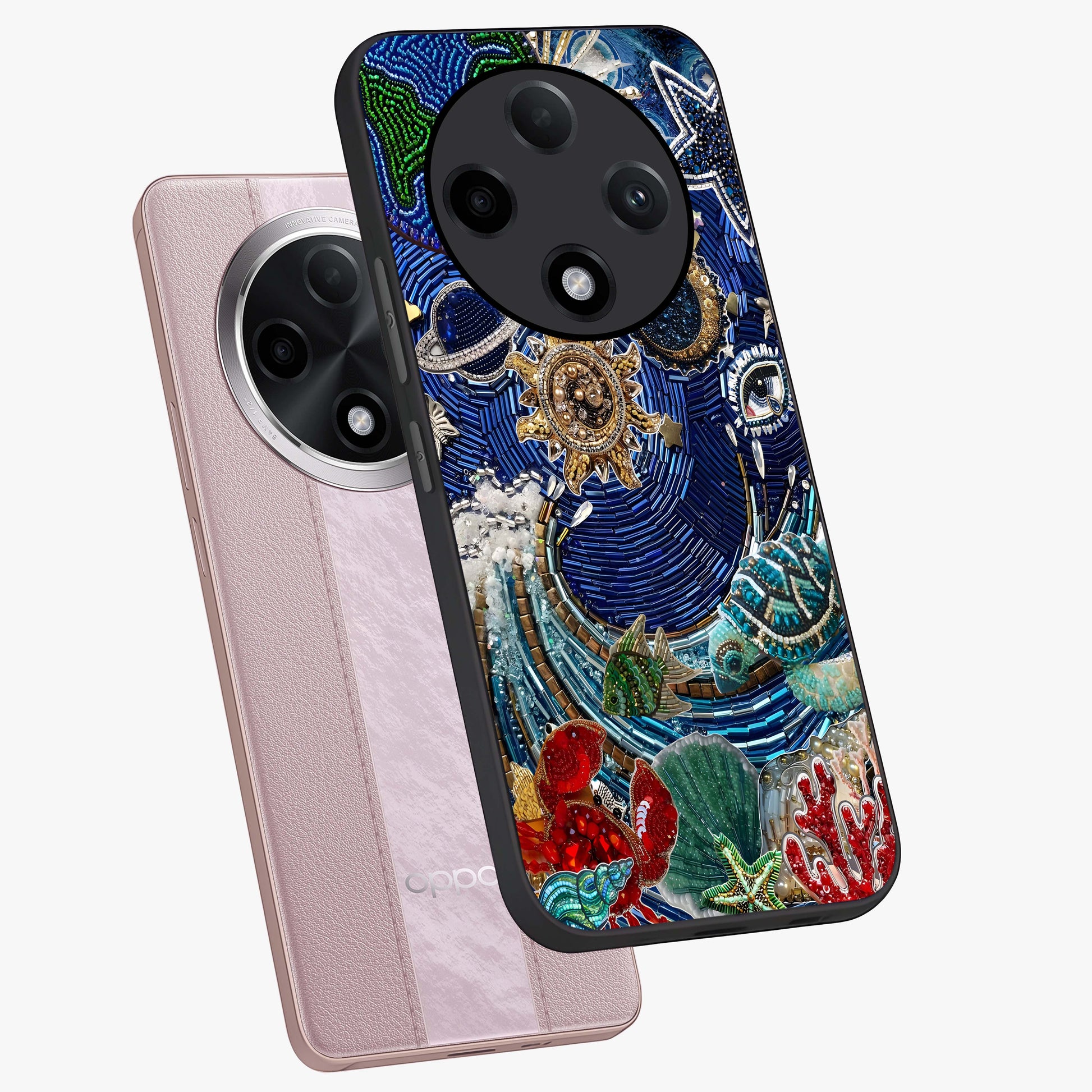 Universe Underwater Spark Glass Case displayed in angled mockup highlighting glowing aquatic design with celestial aesthetic.
