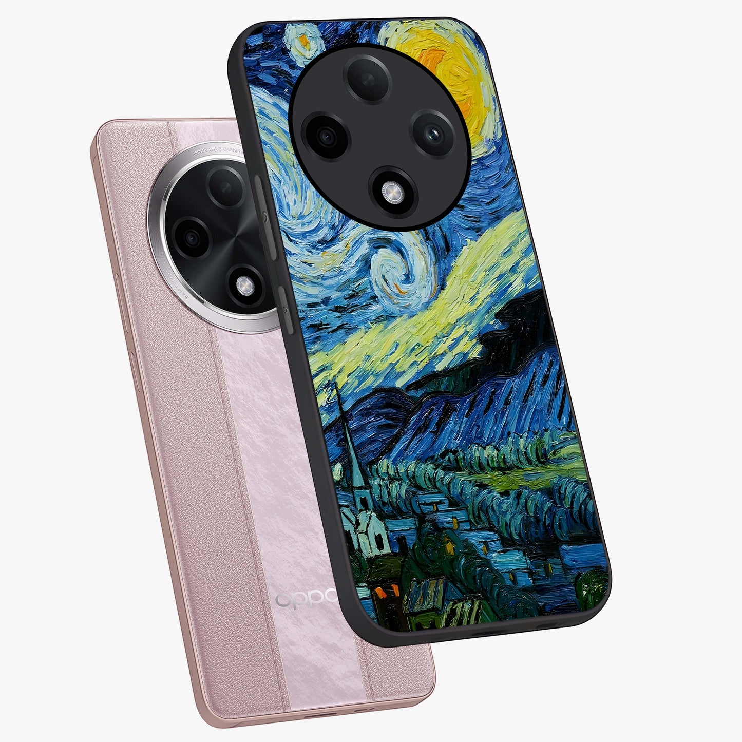 Van Gogh Art Glass Case displayed in angled mockup highlighting swirling brushstroke design with artistic aesthetic.