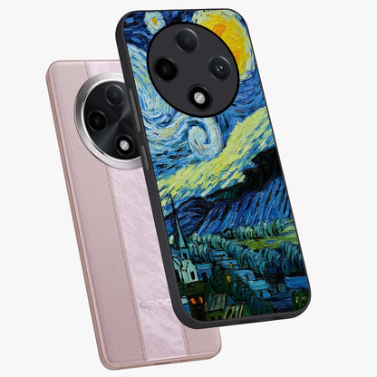 Van Gogh Art Glass Case displayed in angled mockup highlighting swirling brushstroke design with artistic aesthetic.
