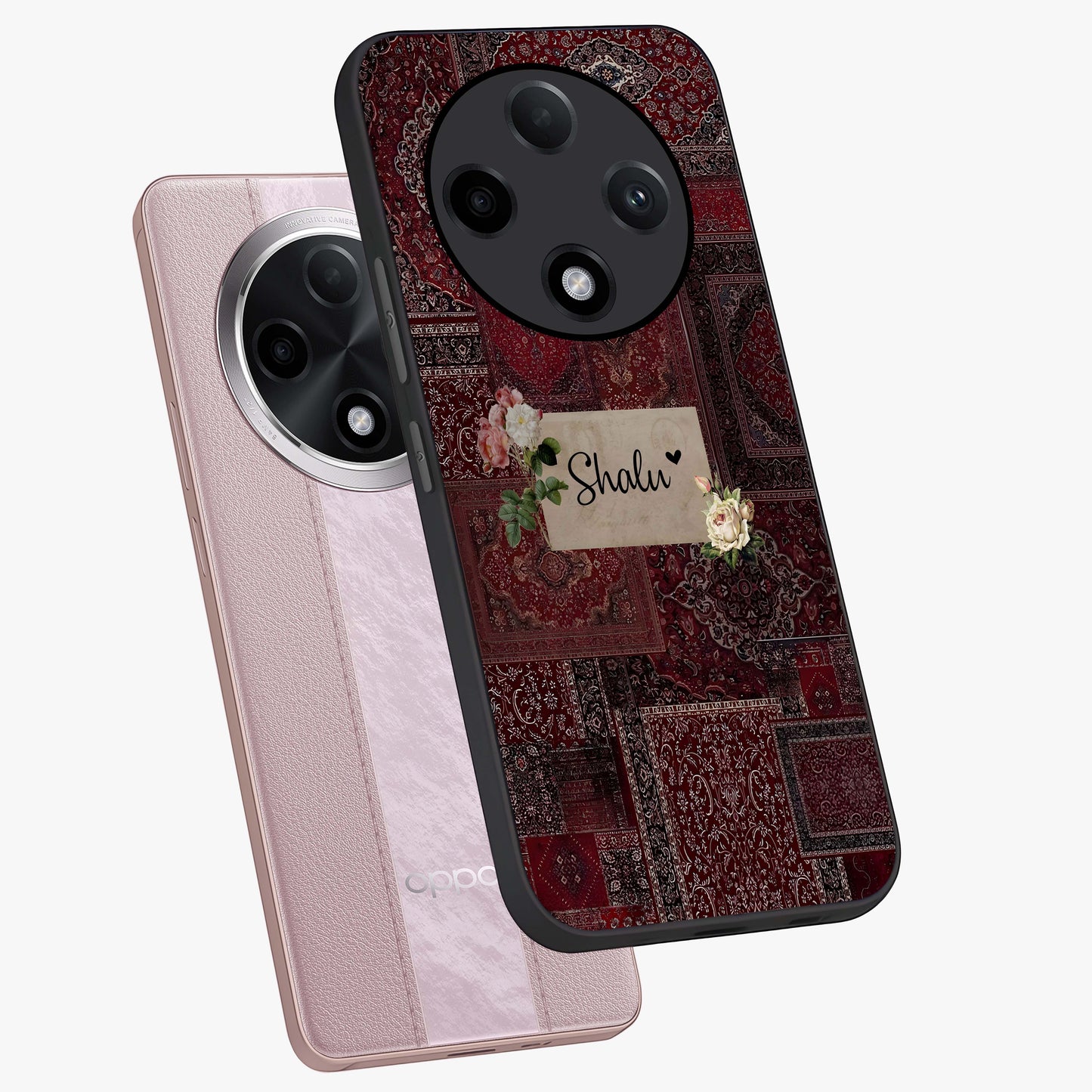 Velvet Wine Pattern Custom Name Glass Case displayed in angled mockup highlighting decorative velvet inspired design with custom name feature.