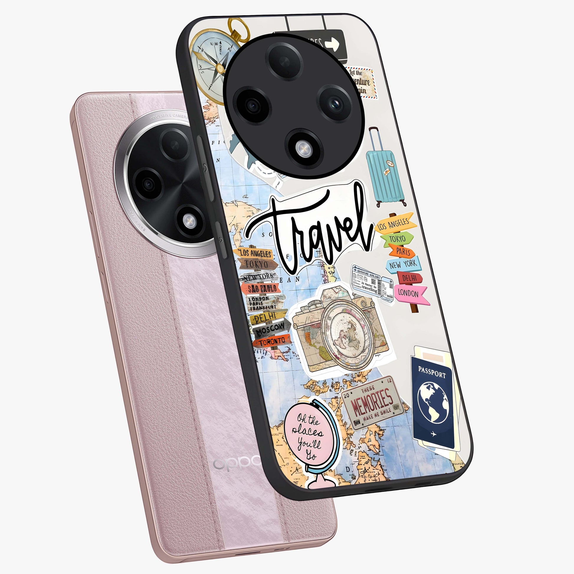 Wanderlust Journal Glass Case displayed in angled mockup highlighting adventure themed design with aesthetic travel vibe.