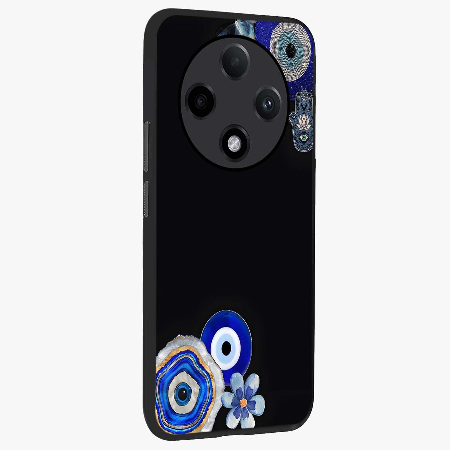 Aesthetic Blue Evil Eye Glass Case upright view showcasing mystical evil eye graphic with minimal aesthetic style.