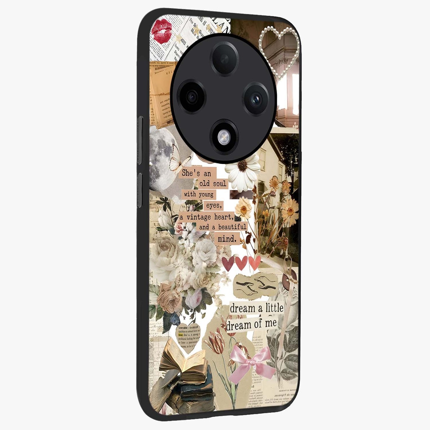 Aesthetic Brown Vintage Collage Glass Case upright view showcasing nostalgic retro artwork with stylish vintage theme.