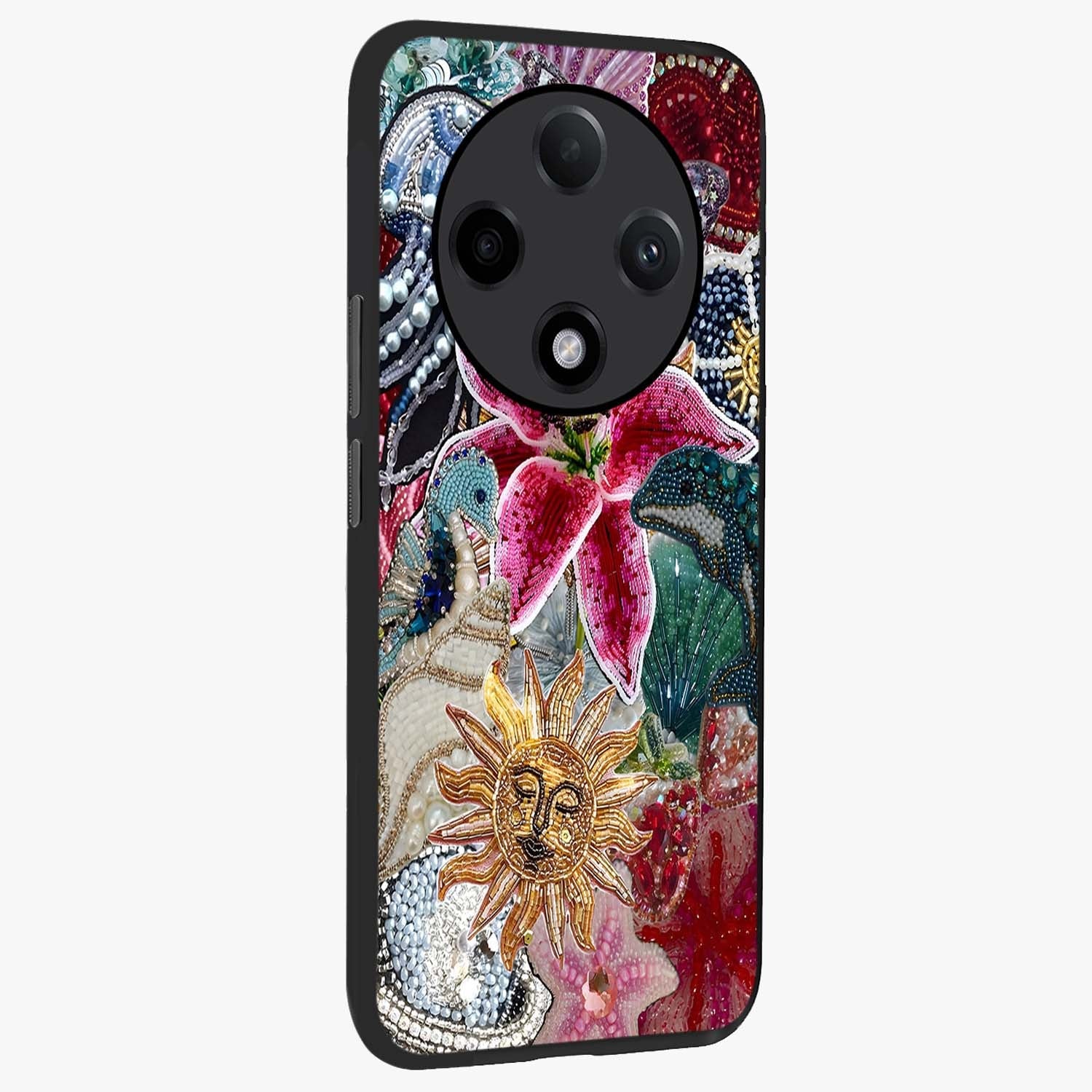 Beaded Garden Fantasy Glass Case upright view showcasing whimsical garden aesthetic with artistic bead details.