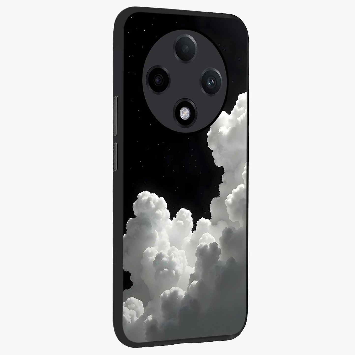Black Background With White Cloud Glass Case upright view showcasing calm cloud aesthetic with modern minimal style.
