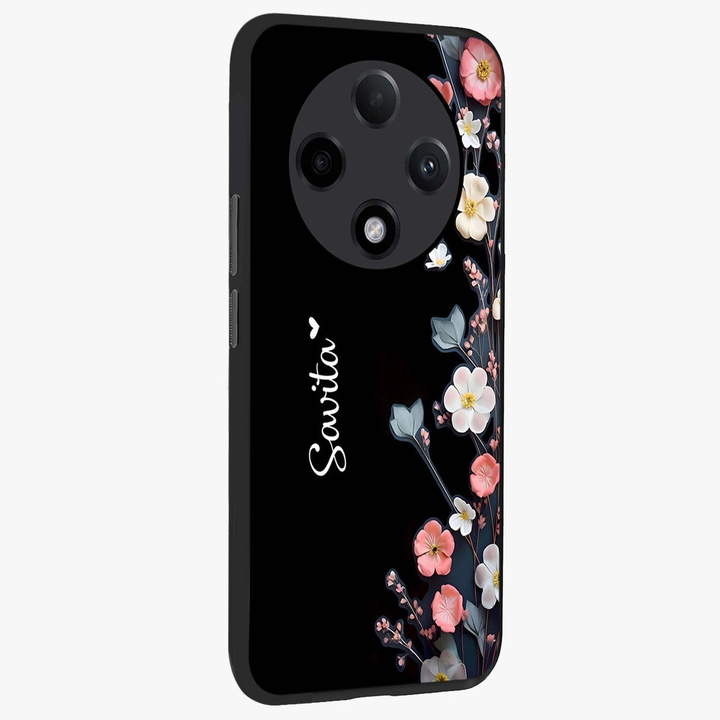 Black Elegance Floral Custom Name Glass Case upright view showcasing luxurious black floral design with personalized name detail.