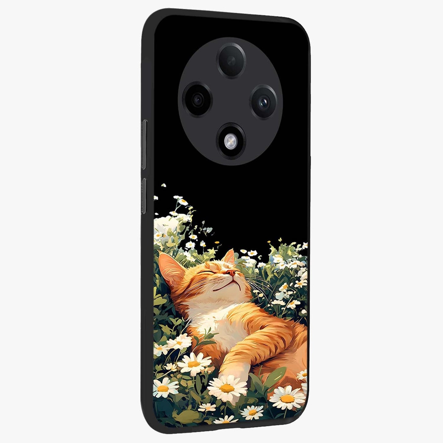 Blissful Bloom Cat Glass Case upright view showcasing charming cat design surrounded by blooming floral elements.