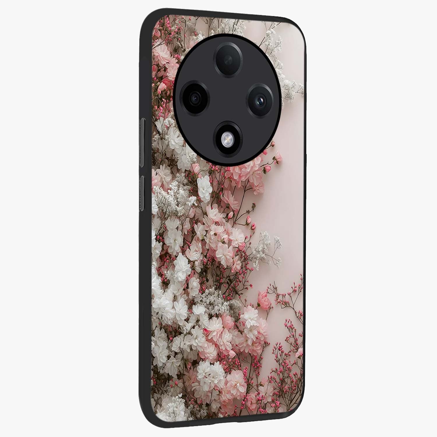 Blush Blossom Cloud Glass Case upright view showcasing calm floral cloud artwork with gentle dreamy theme.