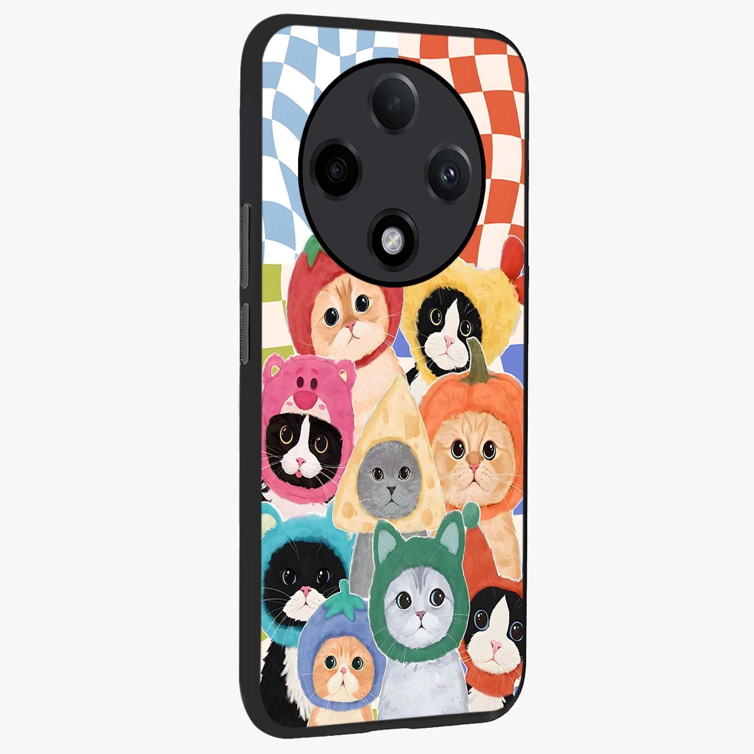 Cats in Fruits Glass Case upright view showcasing charming cat artwork with fun fruity theme.