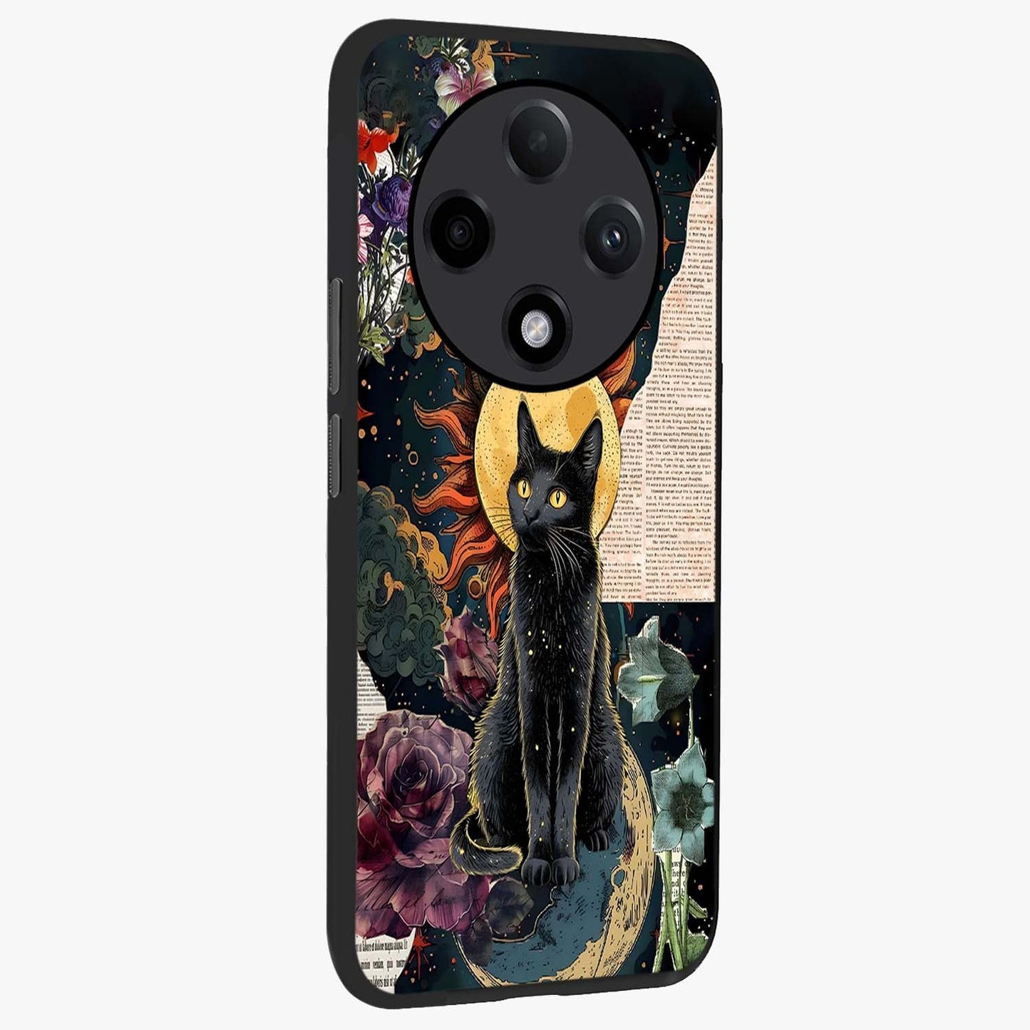 Celestial Black Cat Glass Case upright view showcasing magical black cat illustration with starry cosmic theme.
