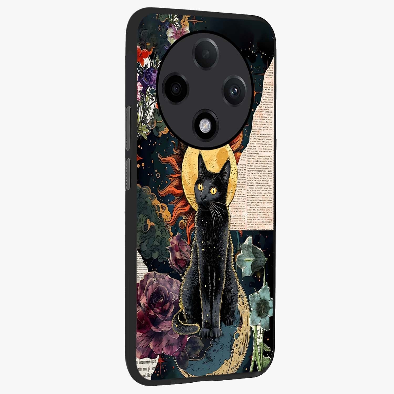 Celestial Black Cat Glass Case upright view showcasing magical black cat illustration with starry cosmic theme.
