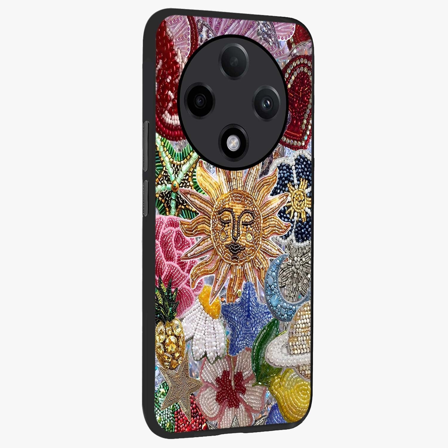 Celestial Floral and Playful Glass Case upright view showcasing whimsical floral artwork with cosmic aesthetic theme.