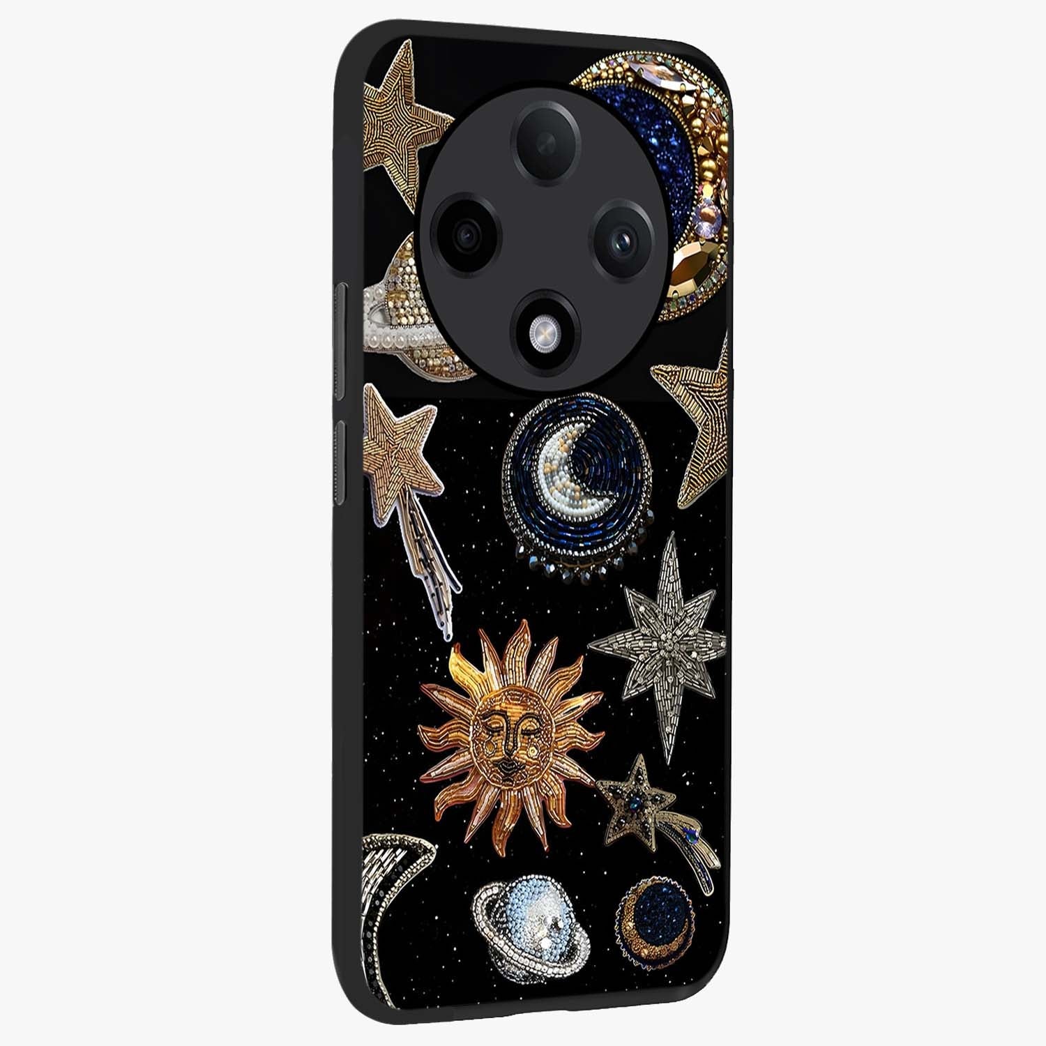 Celestial Gem Constellations Glass Case upright view showcasing cosmic constellation artwork with celestial aesthetic style.