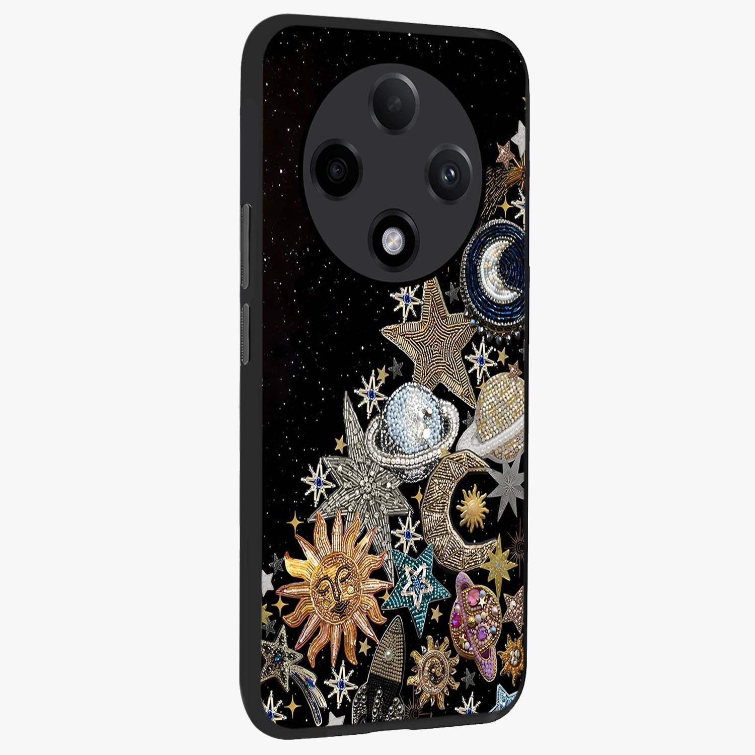 Cosmic Sparkle Dreams Glass Case upright view showcasing glowing cosmic artwork with magical galaxy theme.