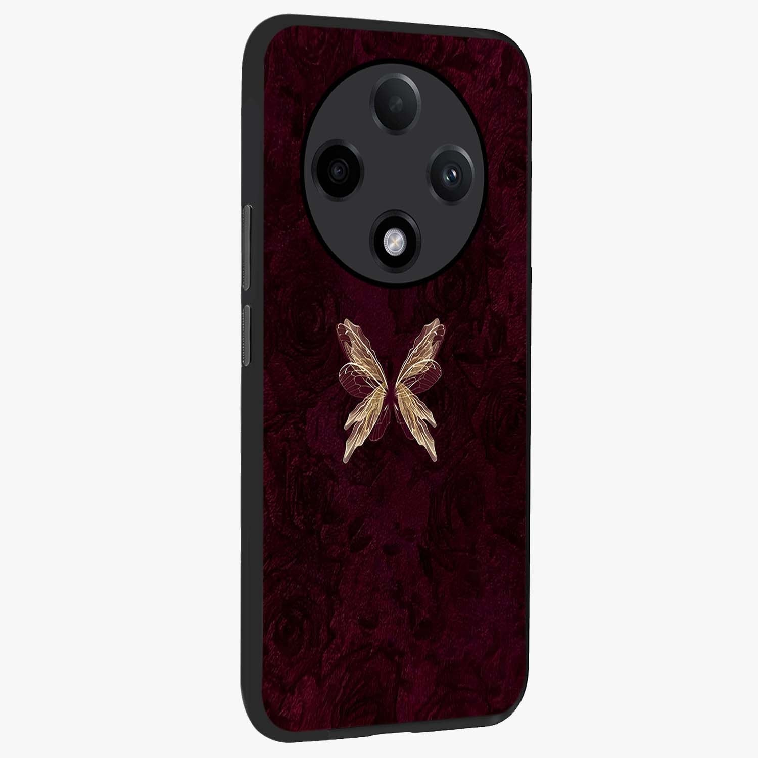 Crimson Fade Butterfly Glass Case upright view showcasing graceful butterfly artwork with soft crimson fade effect.