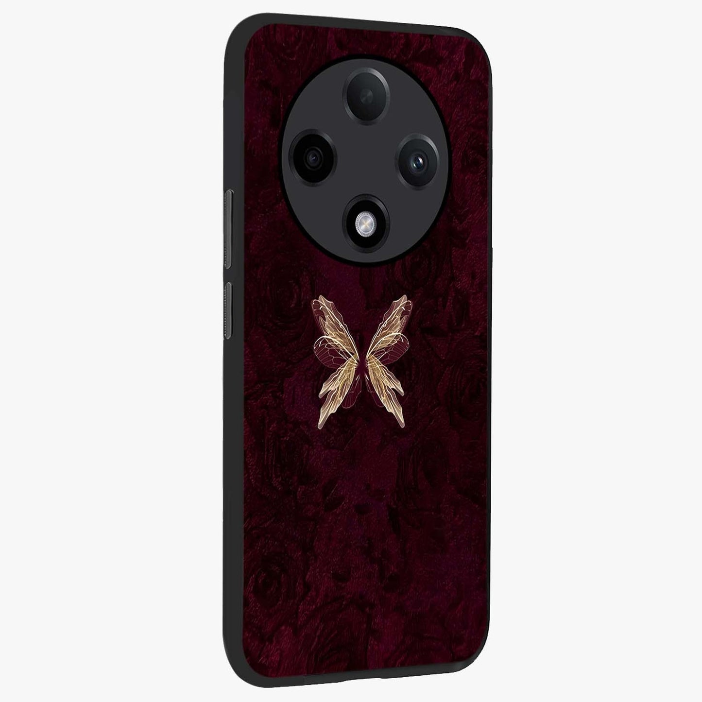 Crimson Fade Butterfly Glass Case upright view showcasing graceful butterfly artwork with soft crimson fade effect.