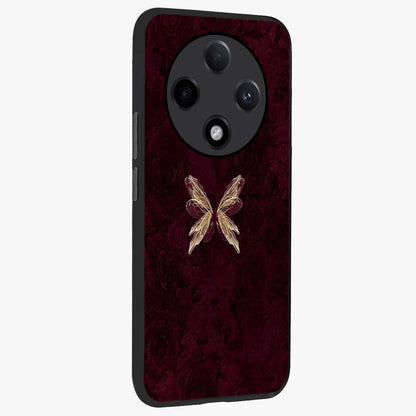 Crimson Fade Butterfly Glass Case upright view showcasing graceful butterfly artwork with soft crimson fade effect.