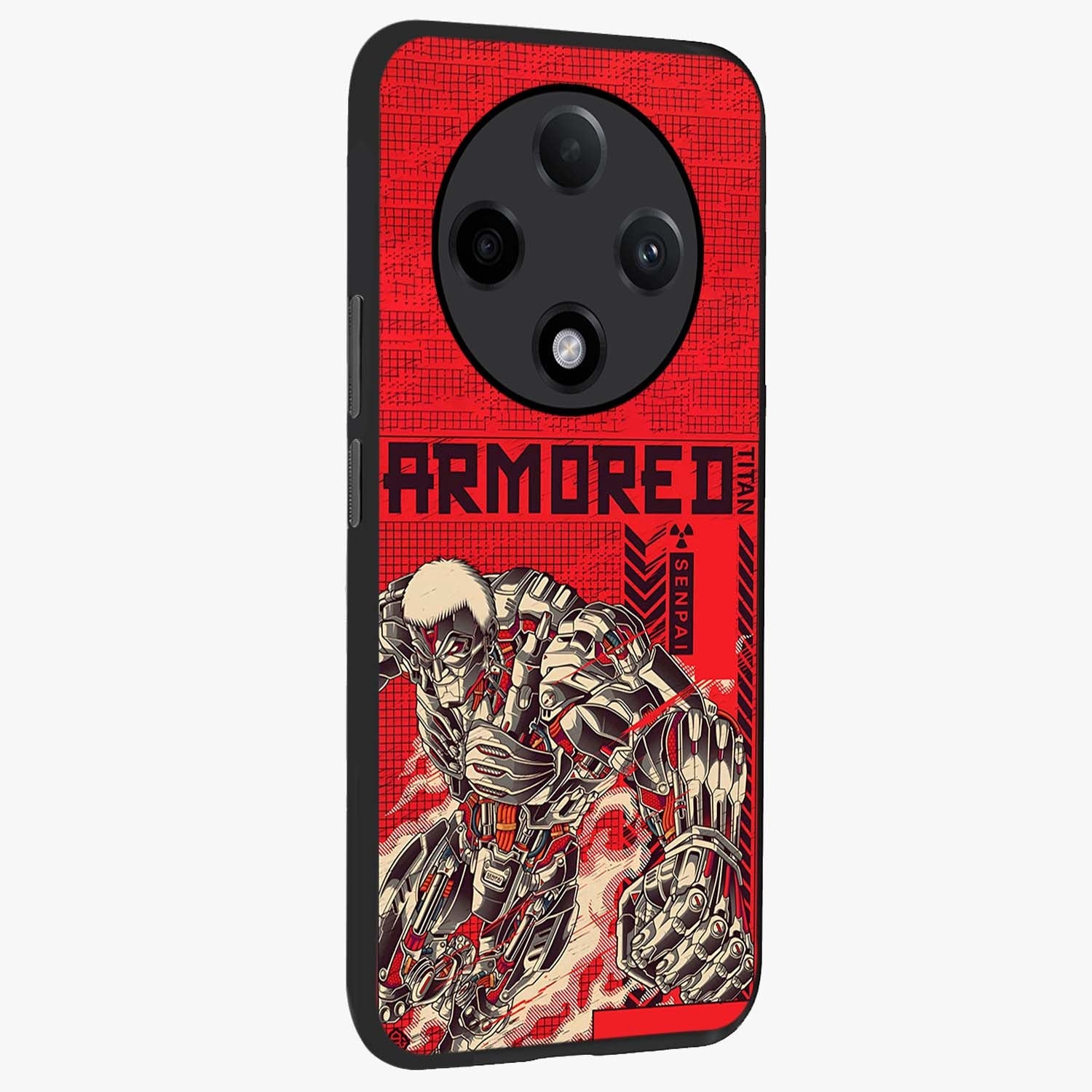 Crimson Mecha Titan Glass Case upright view showcasing dynamic robotic titan design with sci-fi inspired theme.