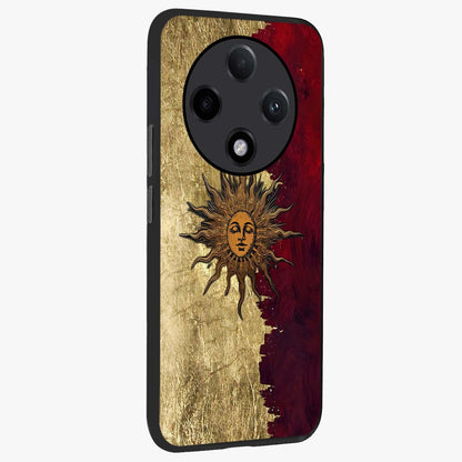Crimson Sun Majesty Glass Case upright view showcasing vibrant sun artwork with powerful celestial theme.