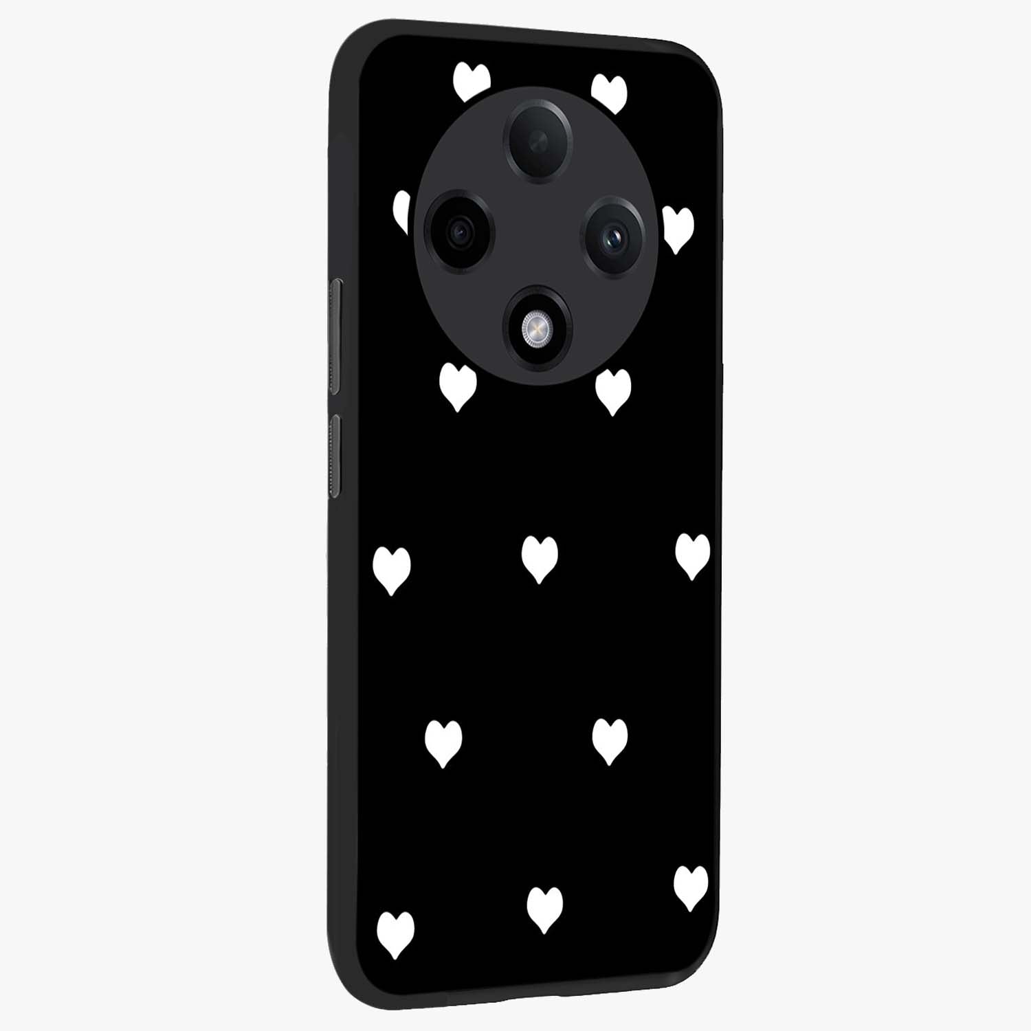 Cute And Simple White Hearts Glass Case upright view showcasing simple white hearts artwork with soft minimal theme.