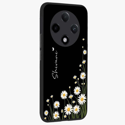 Daisy Cascade Custom Name Glass Case upright view showcasing elegant floral cascade design with personalized aesthetic.