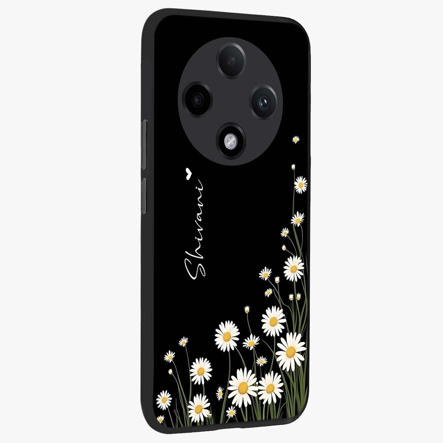 Daisy Cascade Custom Name Glass Case upright view showcasing elegant floral cascade design with personalized aesthetic.