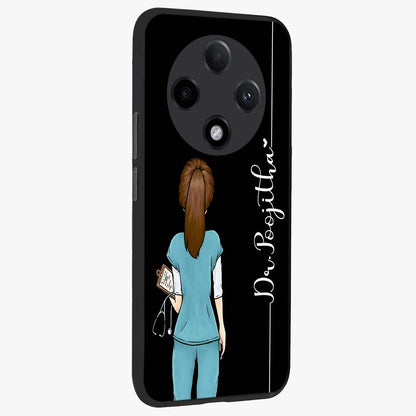 Doctor Pattern Custom Name Glass Case upright view showcasing healthcare themed design with personalized aesthetic.