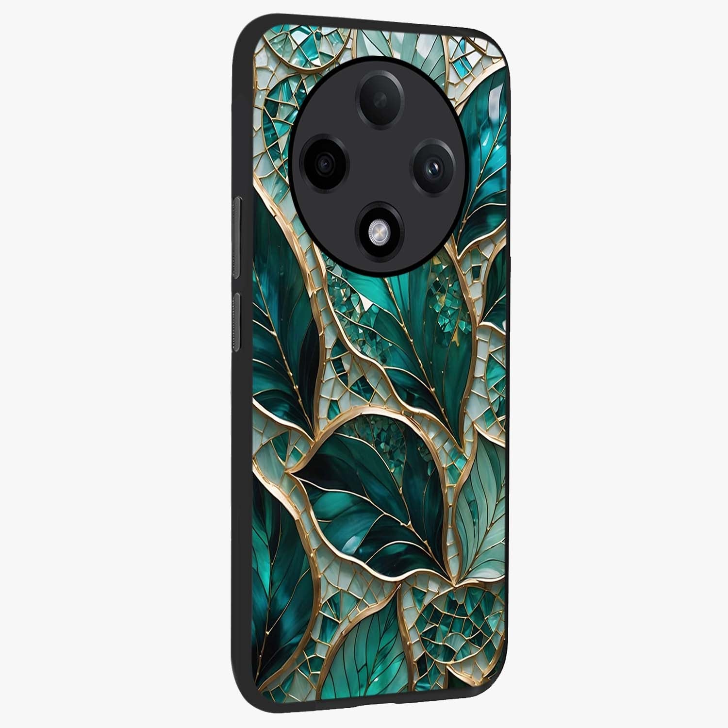 Emerald Leaf Glass Glass Case upright view showcasing fresh green leaf artwork with calming nature inspired style.