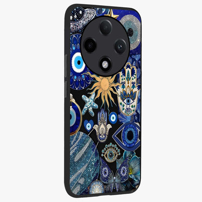 Evil Eye Charm Mix Glass Case upright view showcasing mystical evil eye pattern with vibrant decorative style.