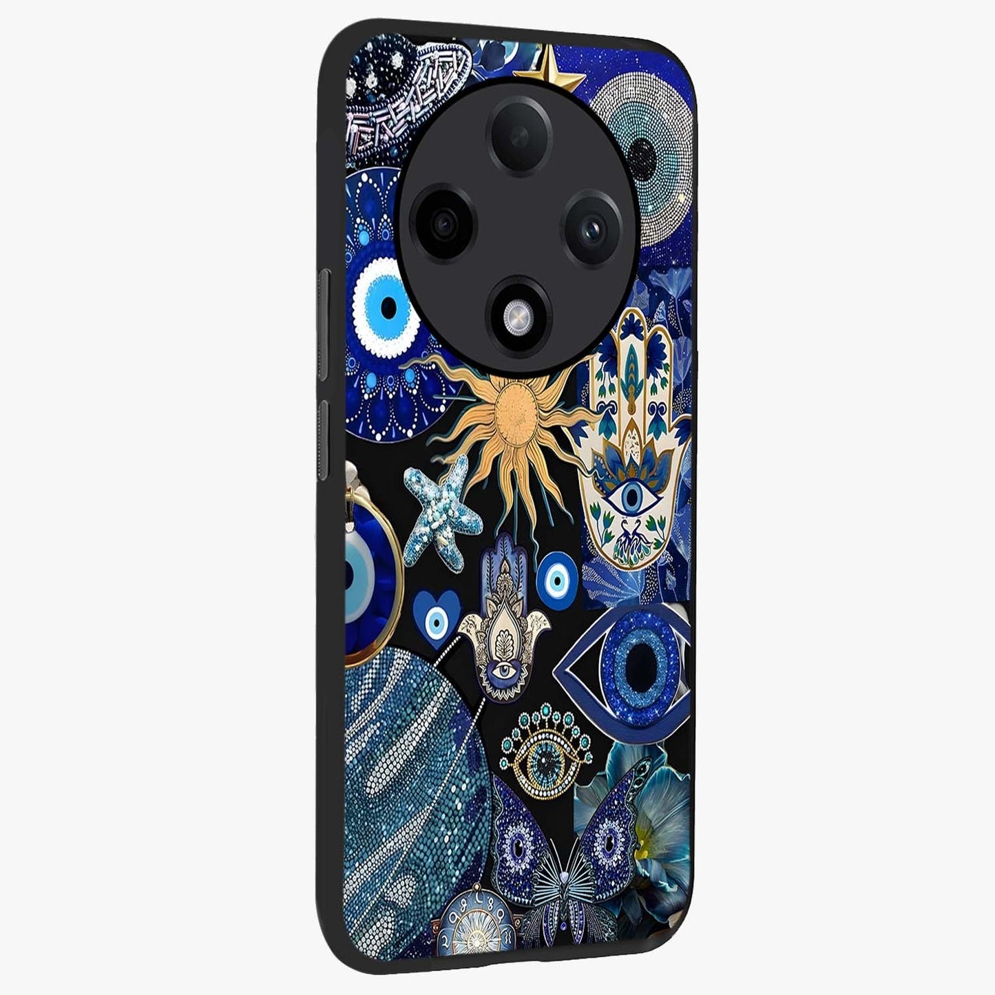 Evil Eye Charm Mix Glass Case upright view showcasing mystical evil eye pattern with vibrant decorative style.