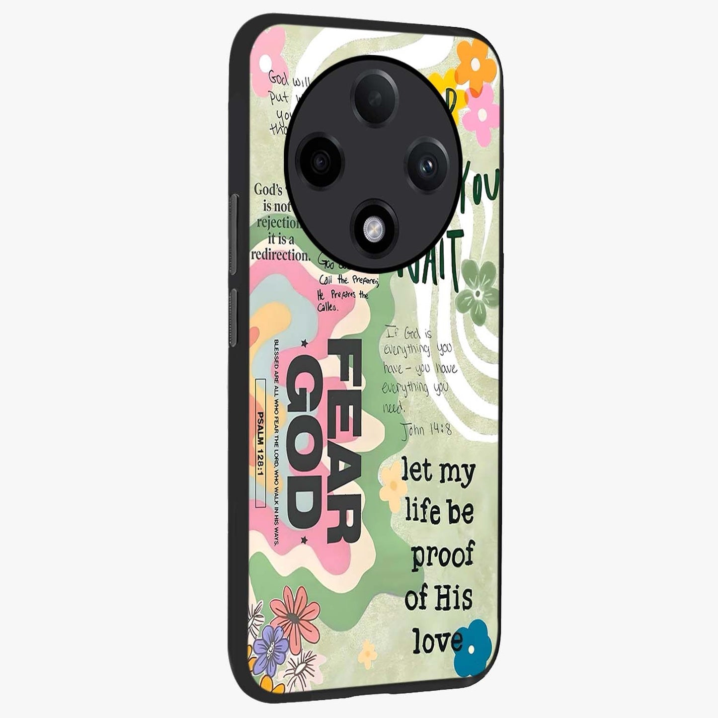 Faith Over Fear Glass Case upright view showcasing bold typography artwork with uplifting motivational theme.