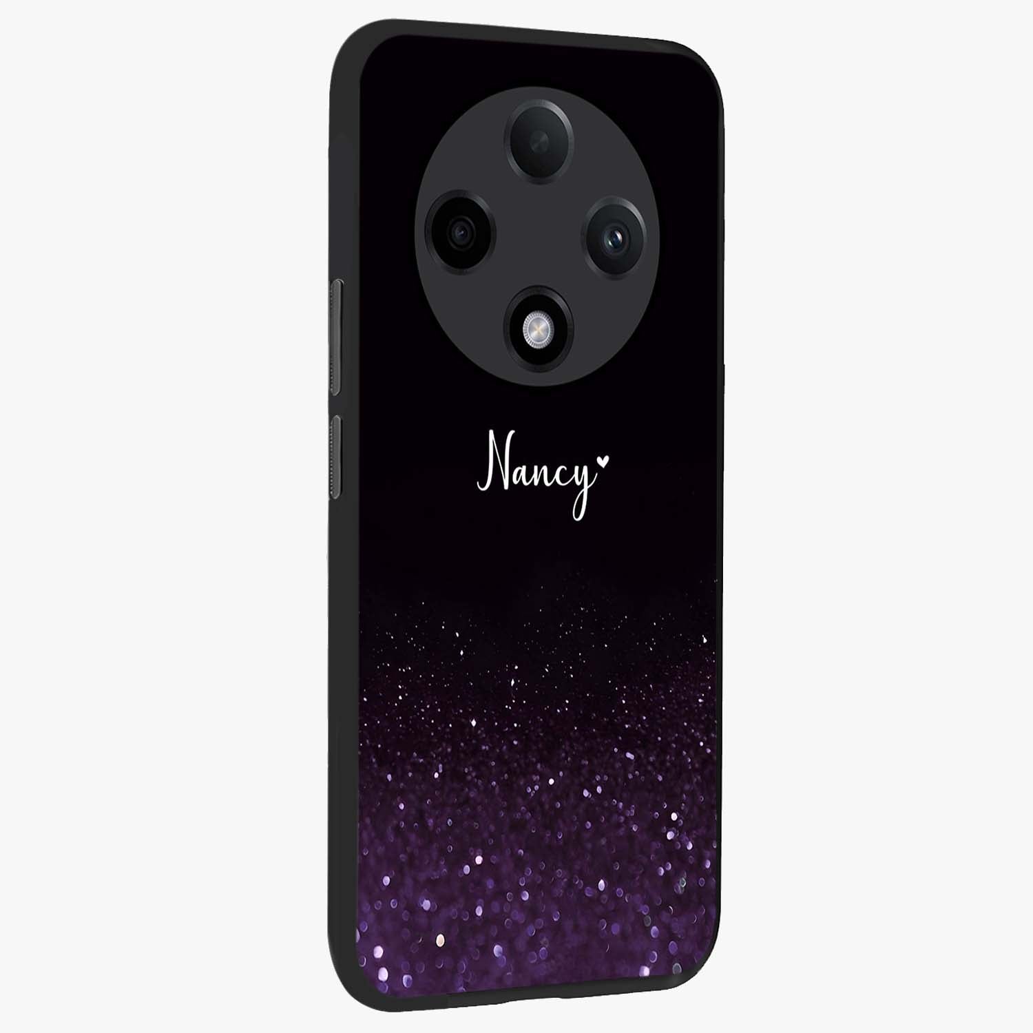 Glittery Purple Bokeh Custom Name Glass Case upright view showcasing vibrant purple sparkle artwork with personalized aesthetic style.