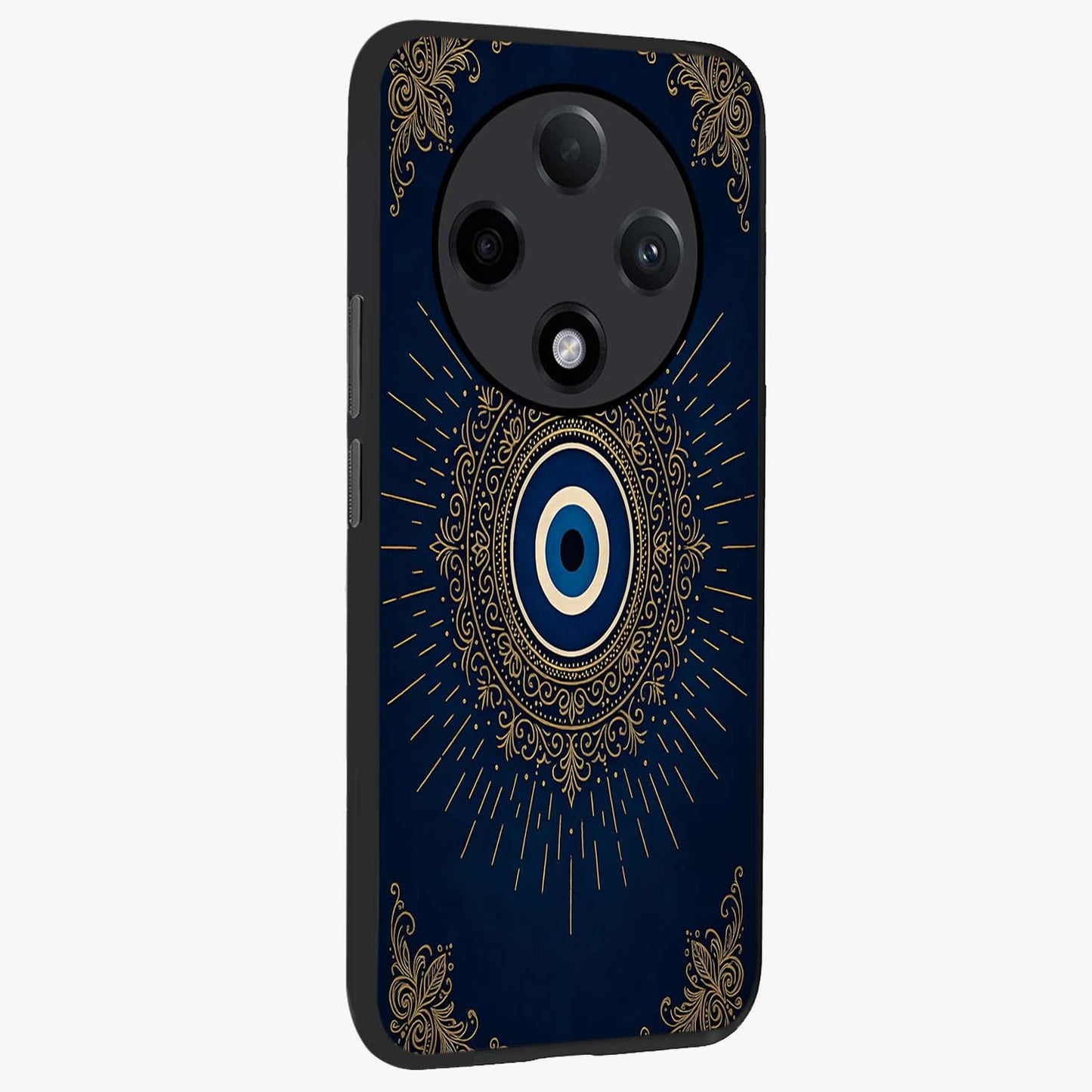 Golden Celestial Charm Glass Case upright view showcasing radiant celestial artwork with elegant golden theme.