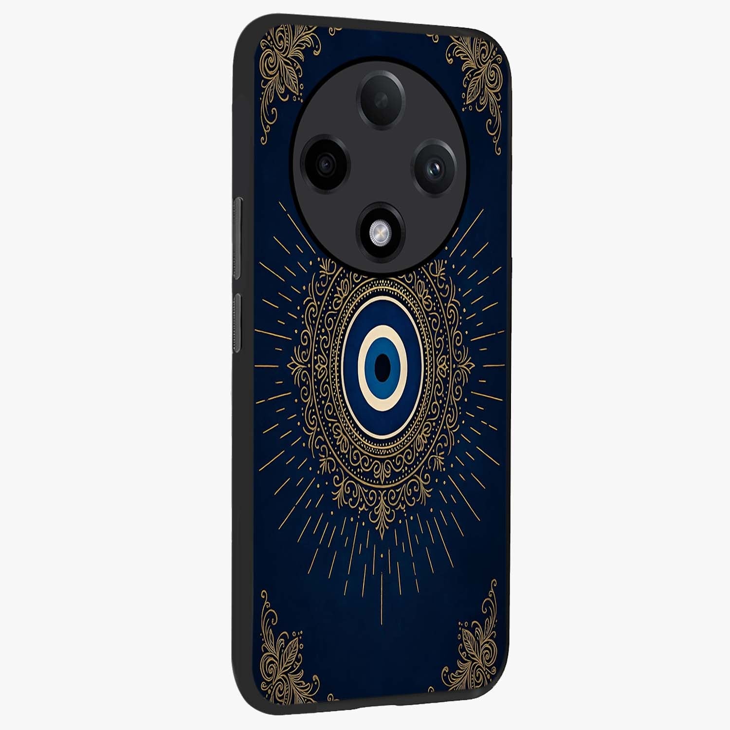 Golden Celestial Charm Glass Case upright view showcasing radiant celestial artwork with elegant golden theme.
