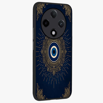 Golden Celestial Charm Glass Case upright view showcasing radiant celestial artwork with elegant golden theme.
