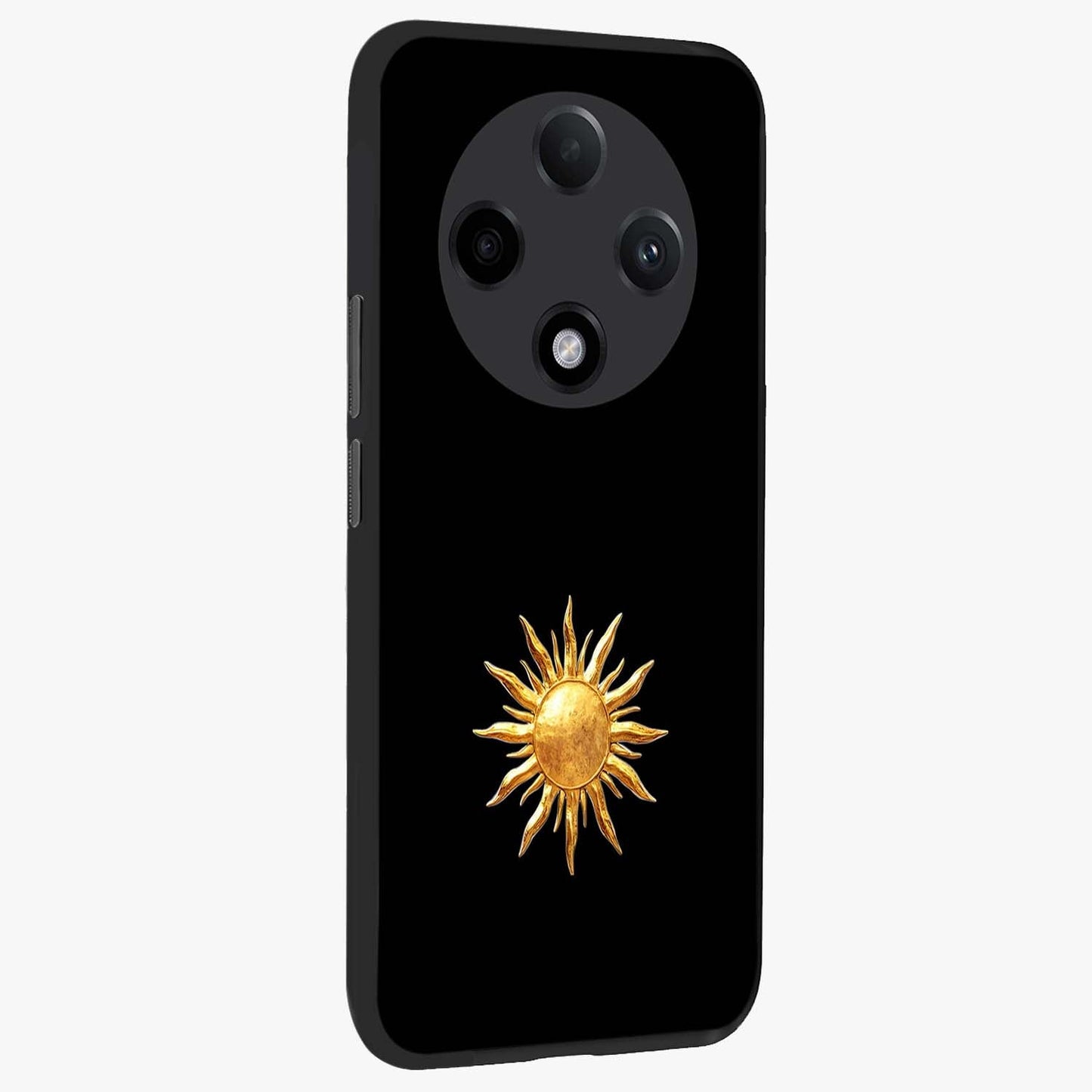 Golden Sun Minimalism Glass Case upright view showcasing haunting graveyard artwork with dramatic dark theme.
