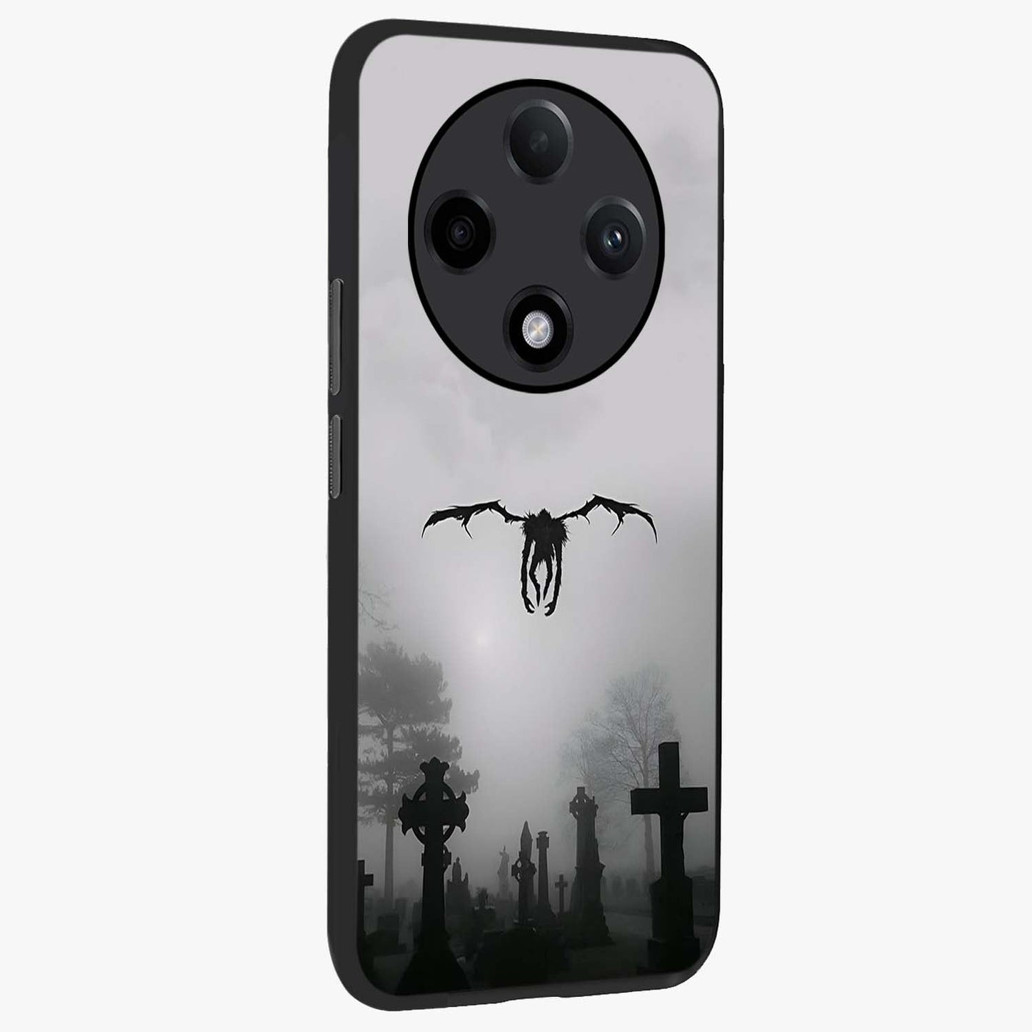Graveyard Shadow Descent Glass Case upright view showcasing haunting graveyard artwork with dramatic dark theme.