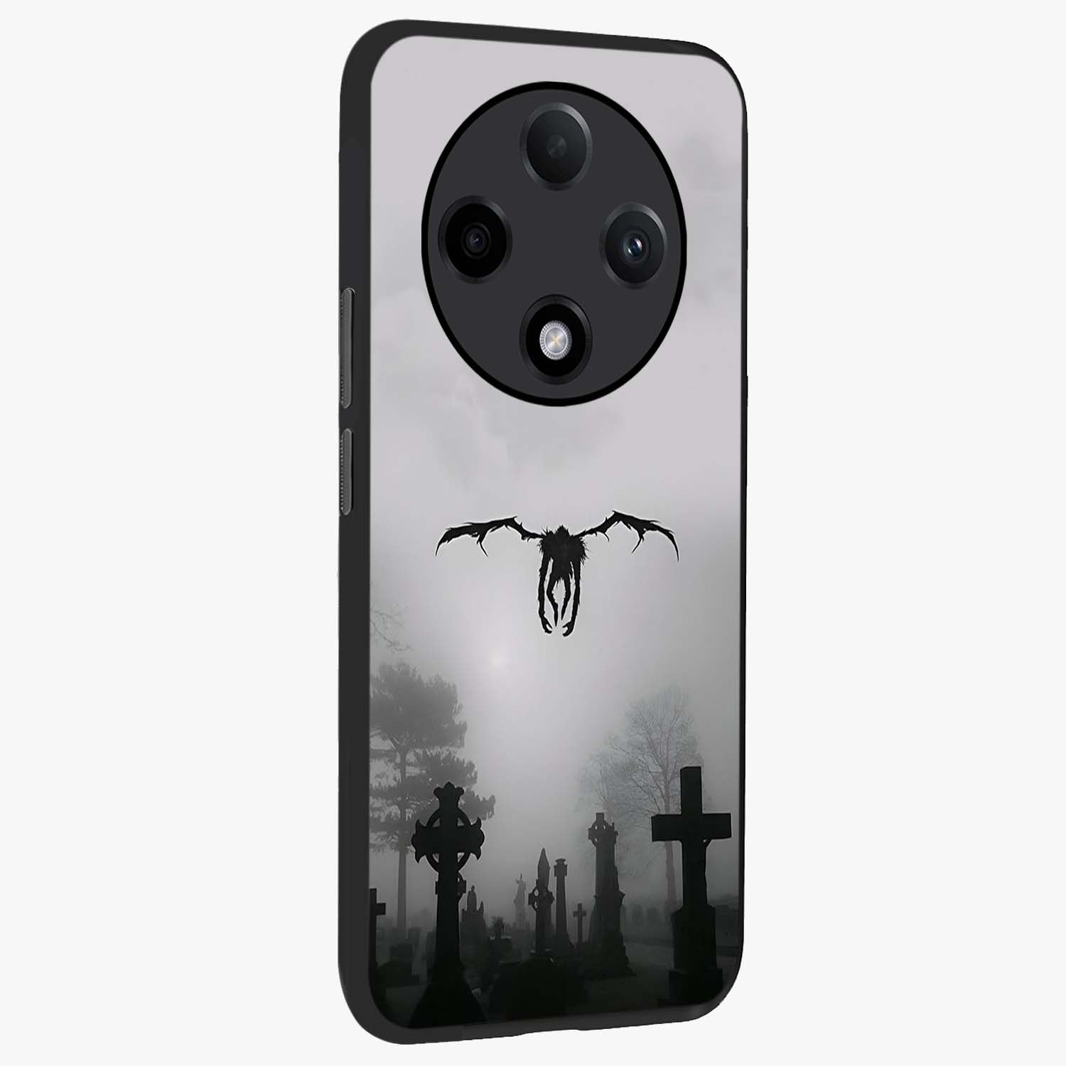 Graveyard Shadow Descent Glass Case upright view showcasing haunting graveyard artwork with dramatic dark theme.