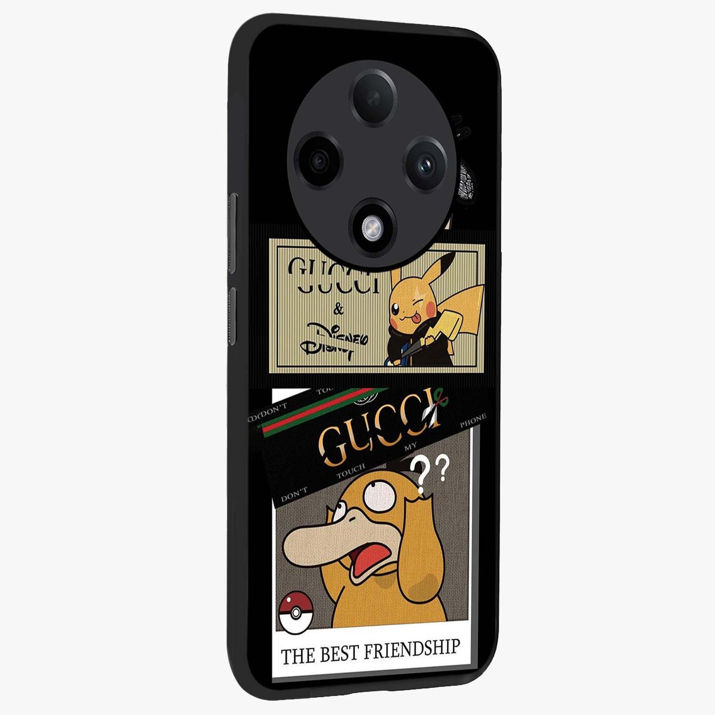 Gucci Play Mashup Glass Case upright view showcasing trendy luxury inspired artwork with modern fashion theme.