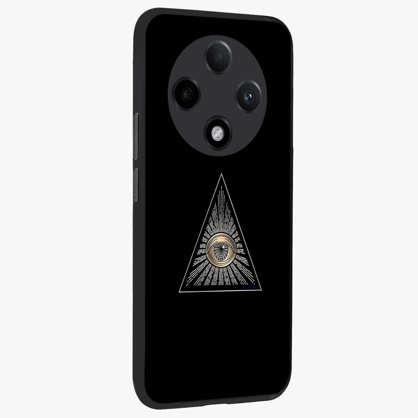 Illuminati Evil Glass Case upright view showcasing striking illuminati artwork with mysterious symbolic theme.