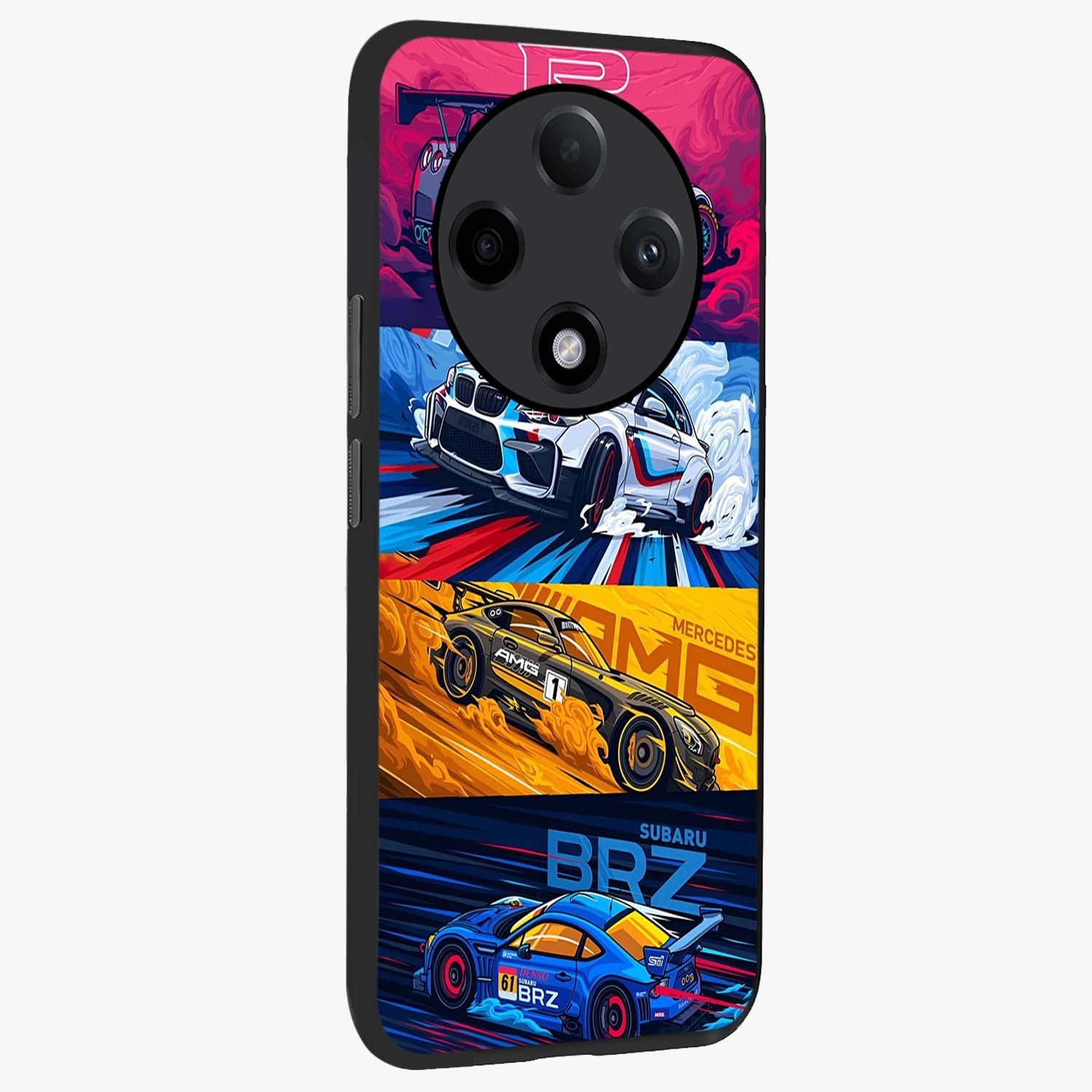 JDM Sports Car Glass Case upright view showcasing dynamic sports car artwork with bold racing theme.