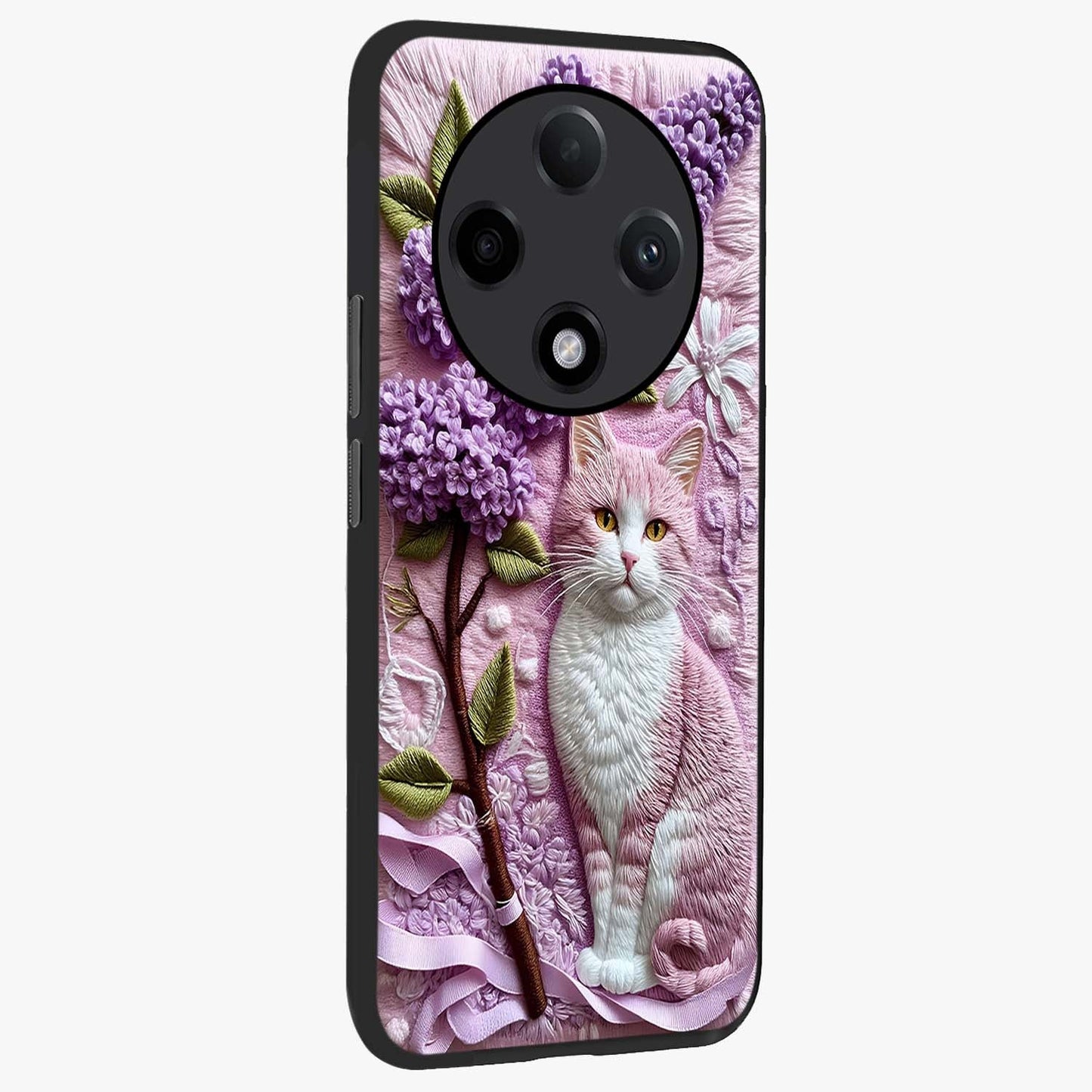Lavender Cat Whimsy Glass Case upright view showcasing charming cat artwork with whimsical lavender theme.