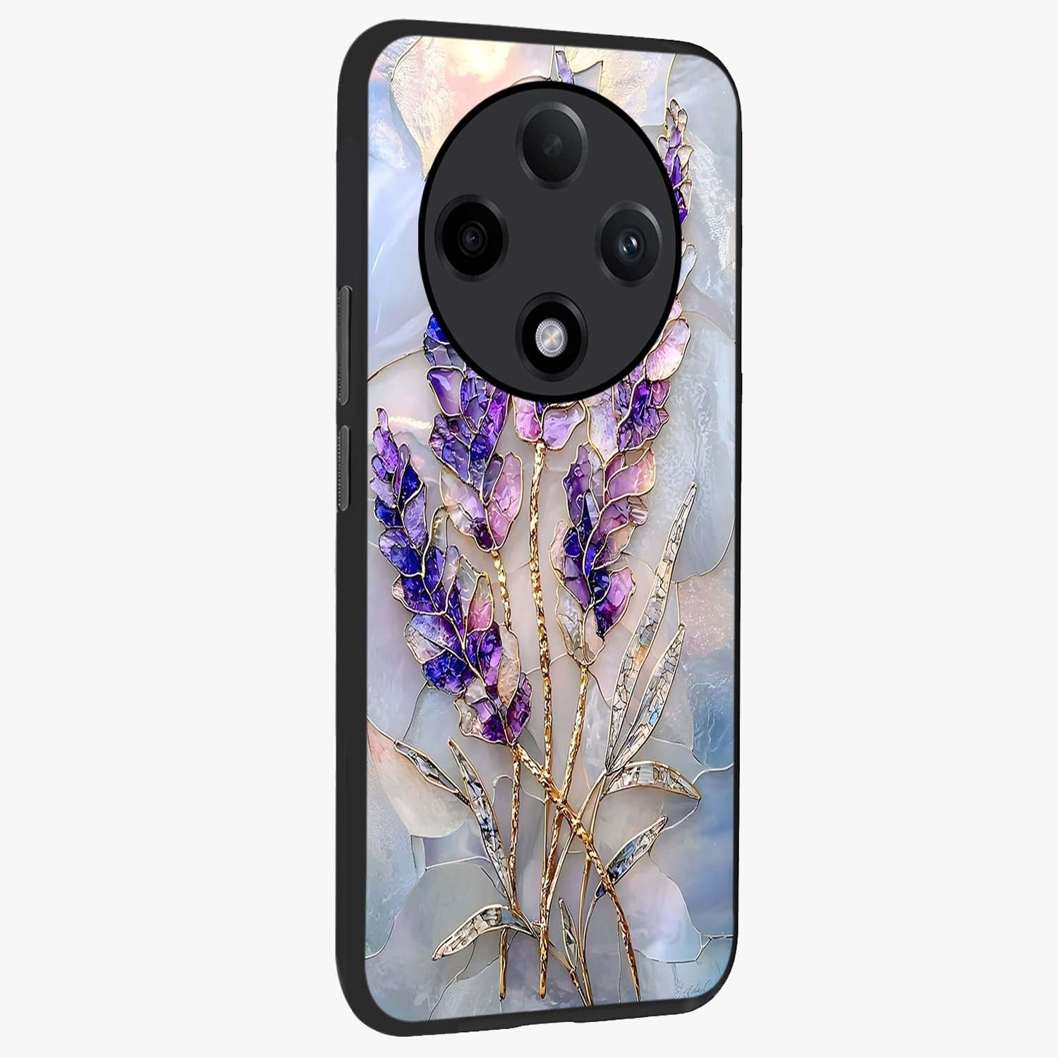 Lavender Dream Glow Glass Case upright view showcasing radiant lavender glow artwork with calming dreamy theme.