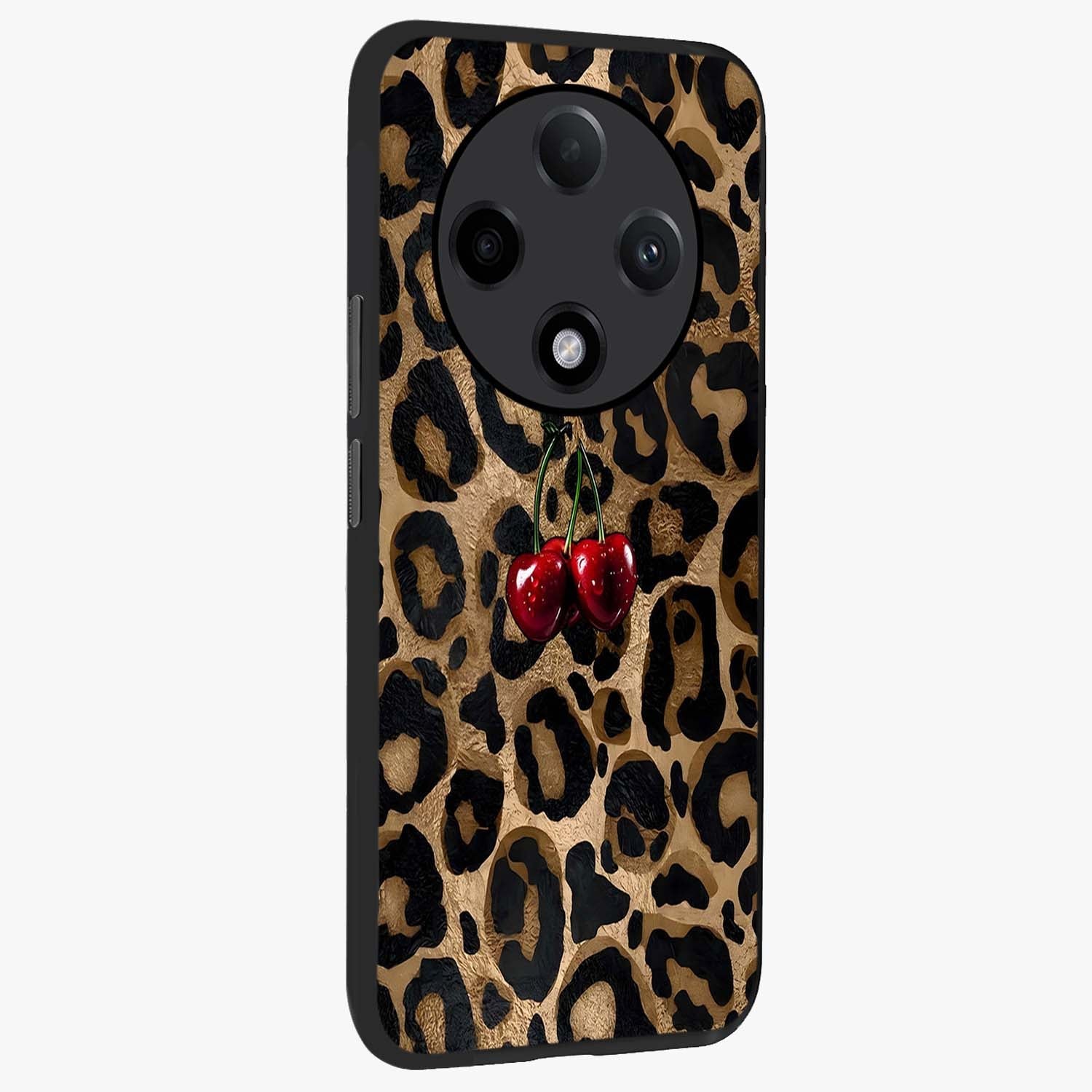 Leopard Wild Cherry Glass Case upright view showcasing stylish leopard pattern artwork with trendy fashion theme.