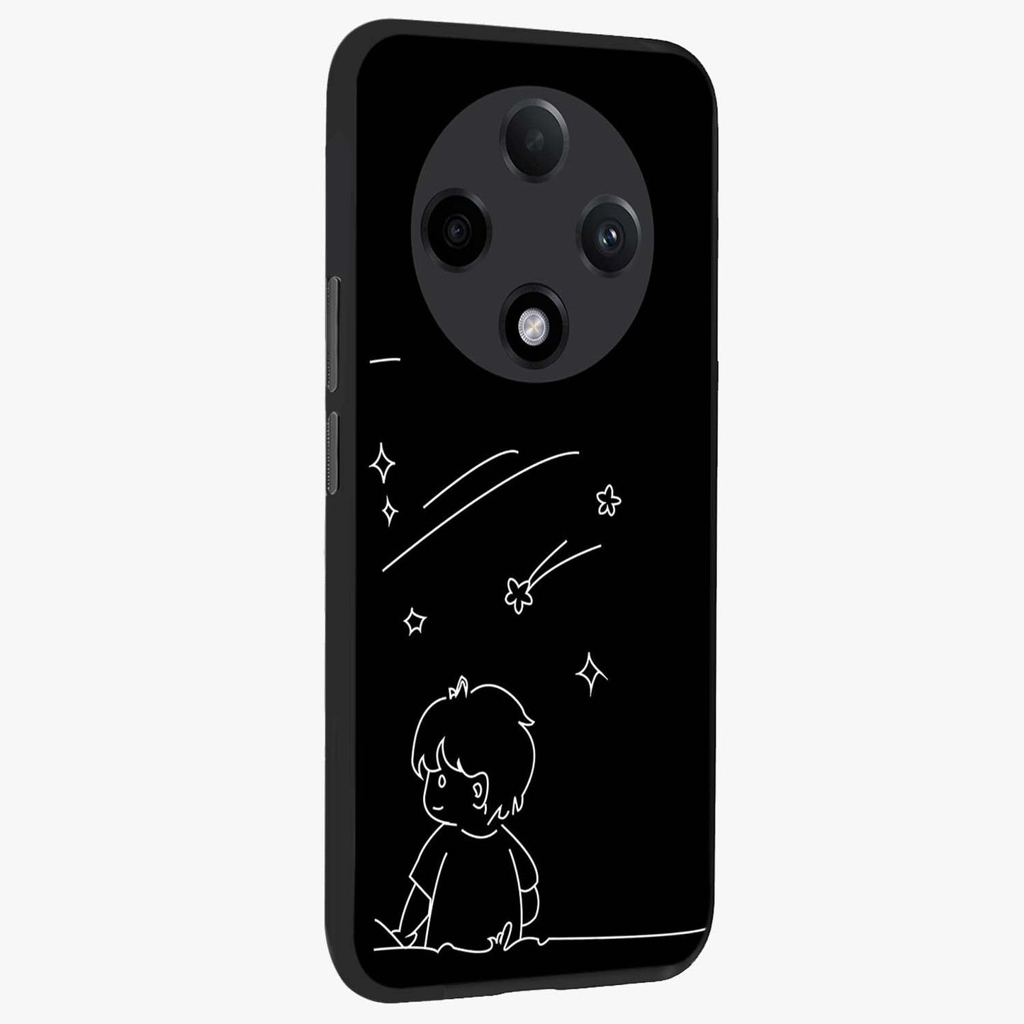 Line Art Boy With Shooting Stars Glass Case upright view showcasing artistic shooting star illustration with minimal style.