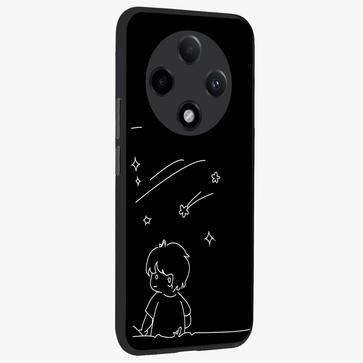 Line Art Boy With Shooting Stars Glass Case upright view showcasing artistic shooting star illustration with minimal style.