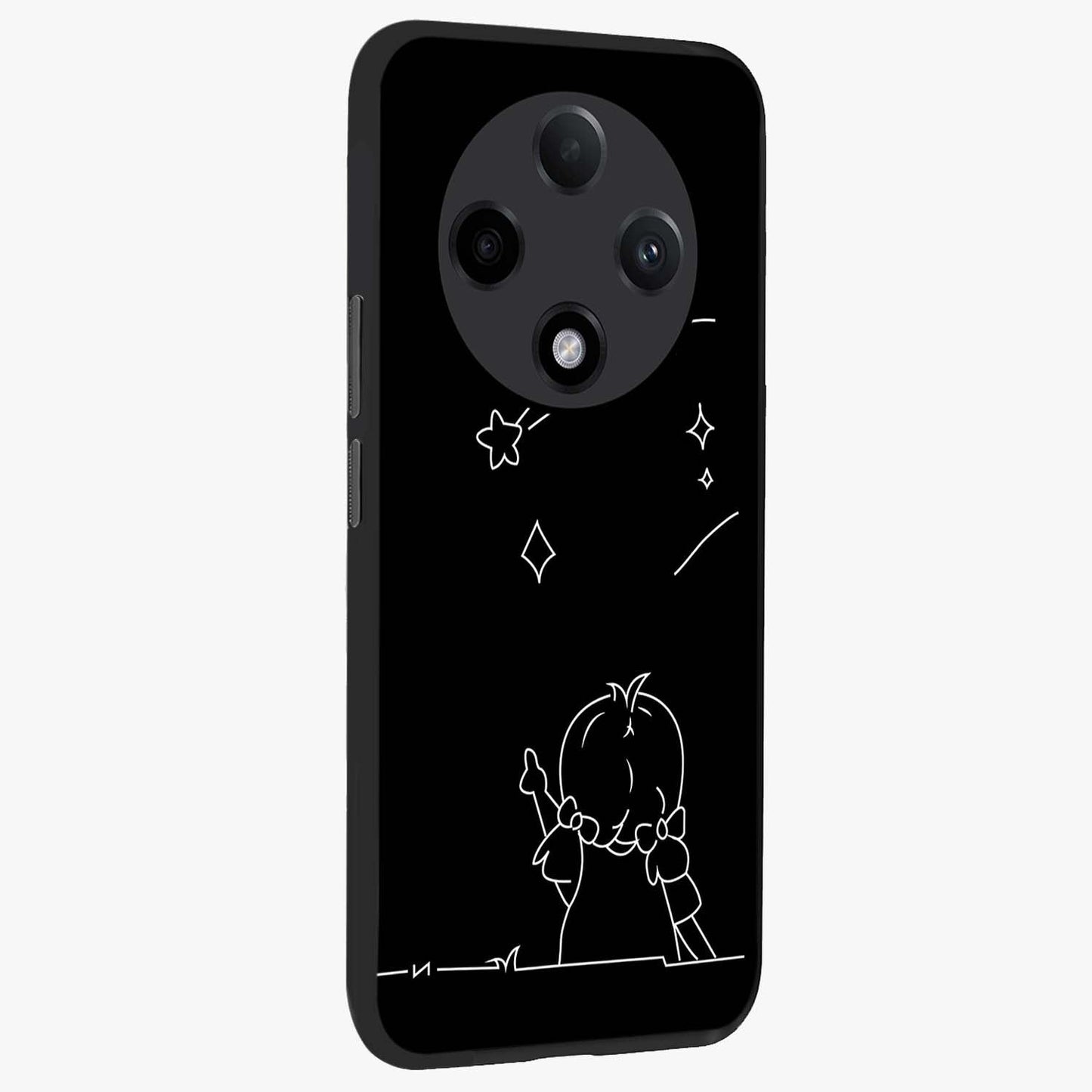 Line Art Girl With Shooting Stars Glass Case upright view showcasing delicate shooting stars artwork with minimal artistic theme.